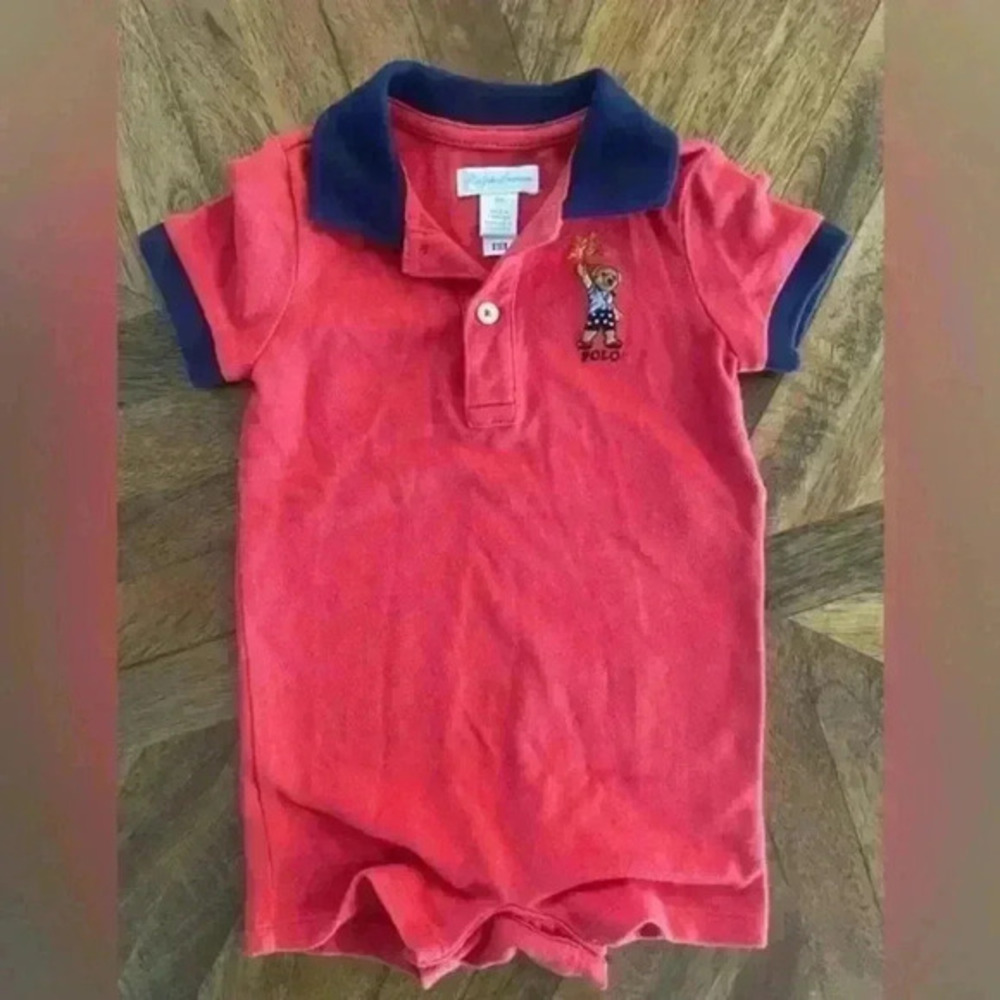 Polo Ralph Lauren red/ blue collared onesie 6 months